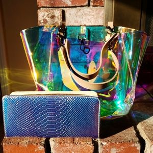 Iridescent, holographic handbag and wallet